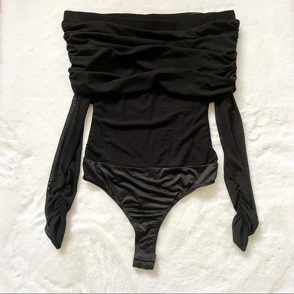 Lulu's Black Mesh Ruched Off-the-Shoulder Bodysuit, S - Picture 5 of 13